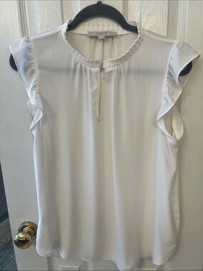 LOFT Cream Ruffle Cap Sleeve Blouse